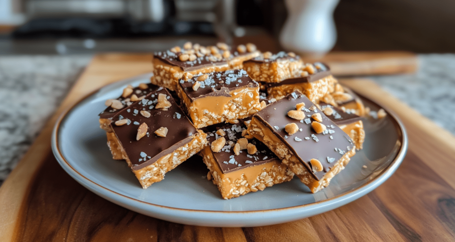 Cheez It peanut butter and chocolate treats on a plate, coated in creamy peanut butter and dark chocolate, with a sprinkle of sea salt.