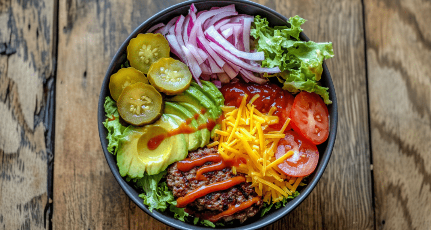 A colorful and healthy burger bowl with a cooked patty, fresh lettuce, sliced tomatoes, red onion rings, pickles, avocado, and shredded cheese, drizzled with ketchup, mustard, and BBQ sauce, served in a cozy kitchen setting.