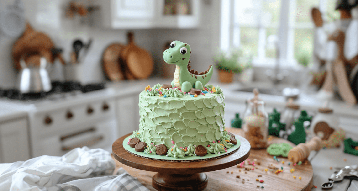 A beautifully decorated green dinosaur cake with textured frosting, edible decorations, and a fondant dinosaur topper on a wooden cake stand.