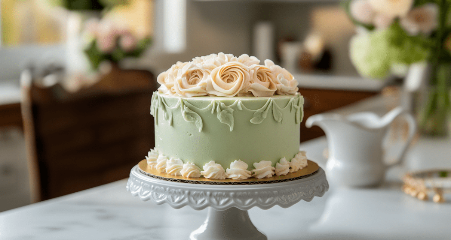 Completed Princess Cake with green marzipan, custard, whipped cream, and a marzipan rose on top, placed on an elegant cake stand.