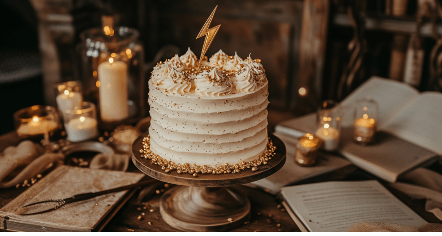 A beautifully decorated Harry Potter cake with smooth buttercream in Hogwarts house colors, topped with a golden snitch and a lightning bolt design, sitting on a rustic cake stand surrounded by magical-themed decorations.