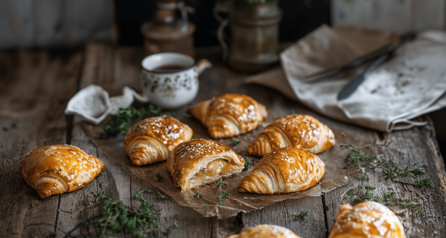 Golden brown and flaky gipfeli pastries, perfectly shaped with soft, airy layers inside, arranged on a rustic wooden table, creating a warm, inviting atmosphere.