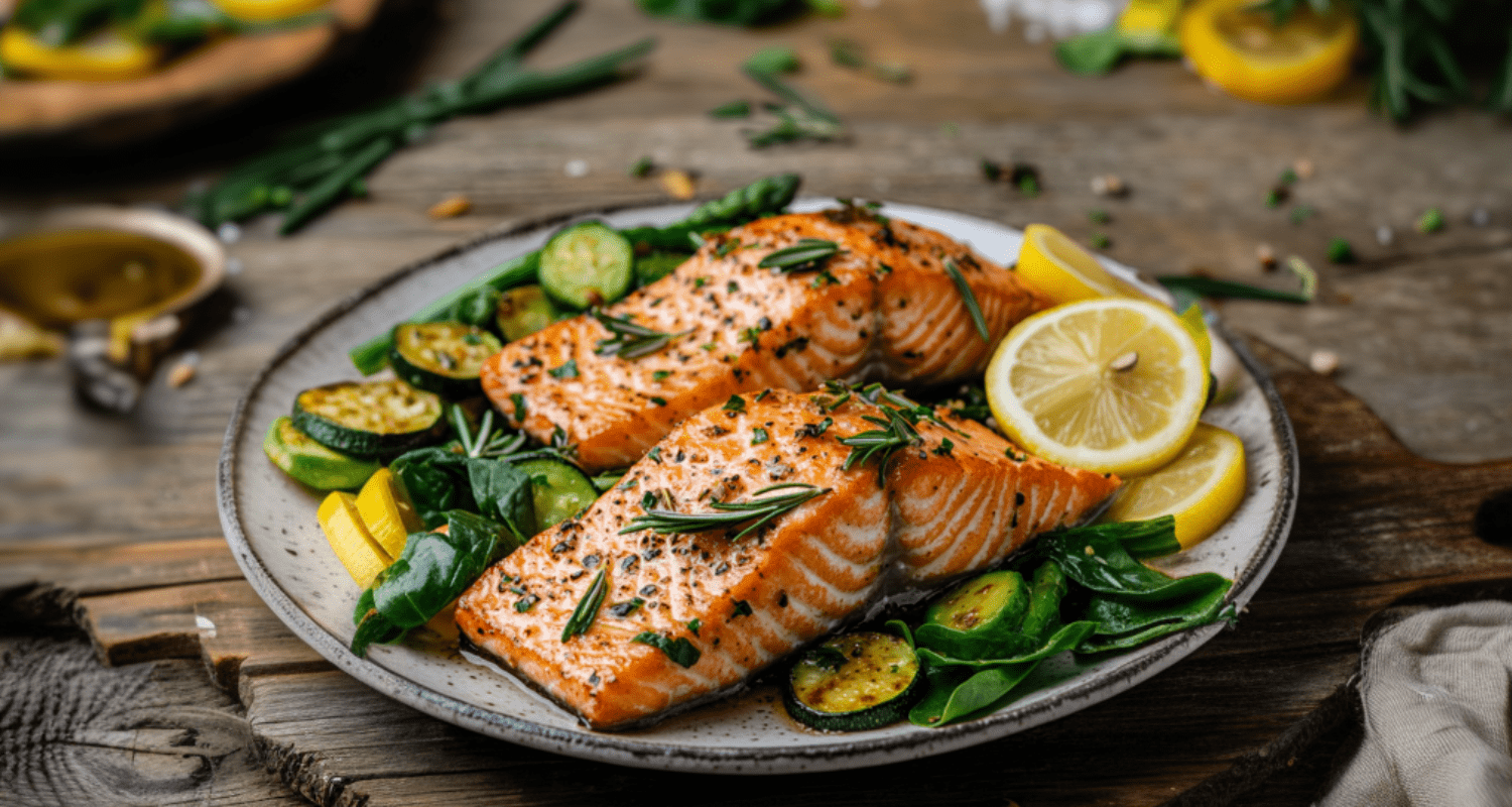 A beautifully plated, completed fish food recipe with perfectly cooked salmon fillets, sautéed zucchini, asparagus, and spinach, garnished with fresh rosemary, parsley, and a lemon wedge.