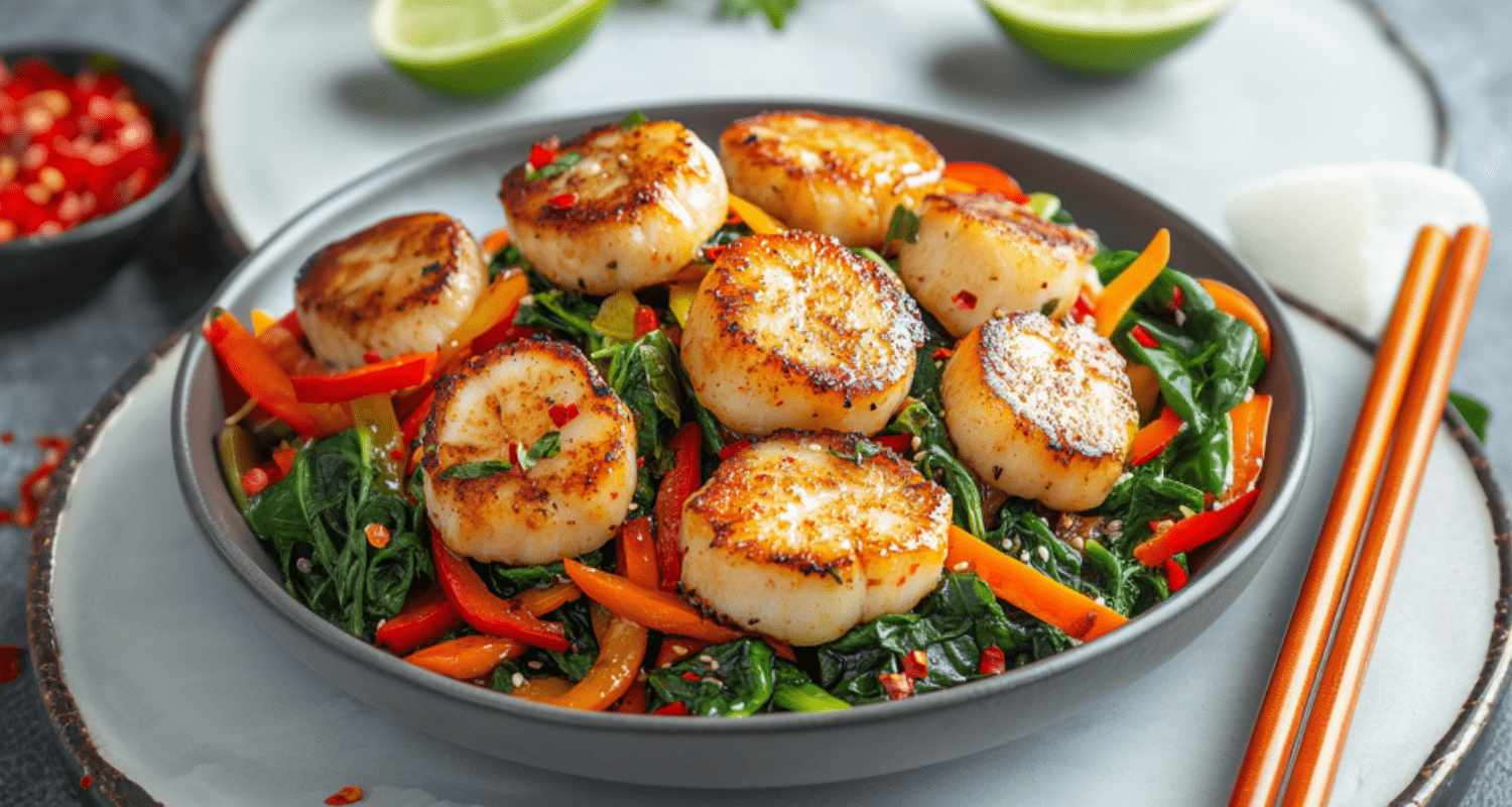 Fishcakes and scallops stir fry with bell peppers, carrots, spinach, and lime garnish, served on a clean plate with a warm, inviting kitchen backdrop.