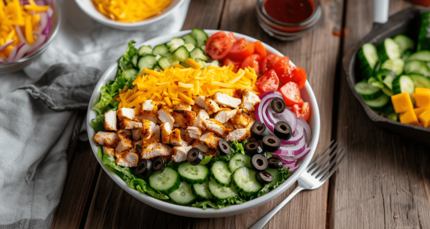 A colorful bowl of "Sub in a Tub" featuring fresh chopped lettuce, diced tomatoes, cucumbers, red onions, bell peppers, shredded grilled chicken, cheese, olives, and a drizzle of dressing, garnished with seasonings.