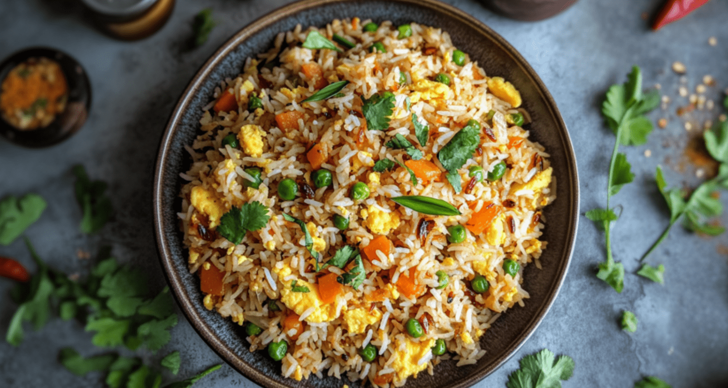 Plated Anjappar style egg fried rice garnished with curry leaves and cilantro, served in a rustic bowl with colorful vegetables and eggs.