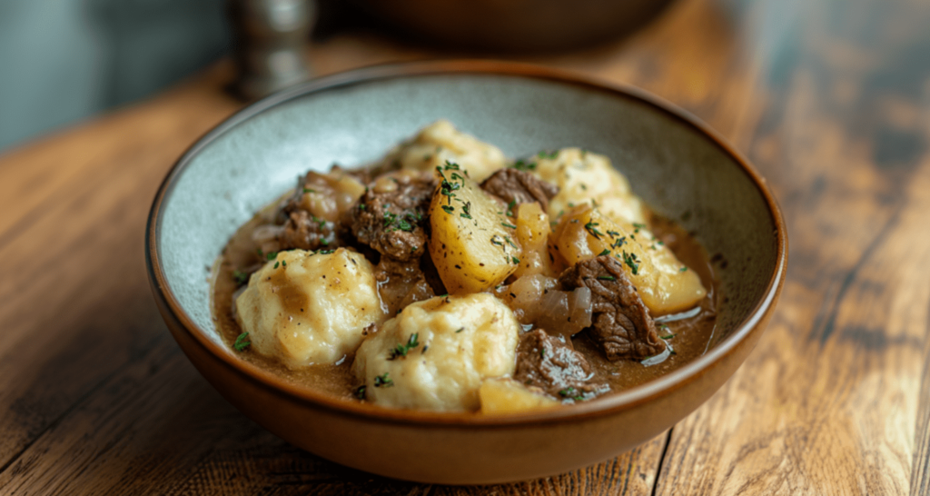 A comforting plate of chipped beef flour dumplings with tender potatoes, crispy beef, and a creamy sauce, garnished with fresh herbs.