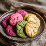 Freshly baked colorful cookies with matcha, beetroot, and turmeric, showcasing vibrant hues of green, pink, and yellow, placed on a rustic wooden plate.