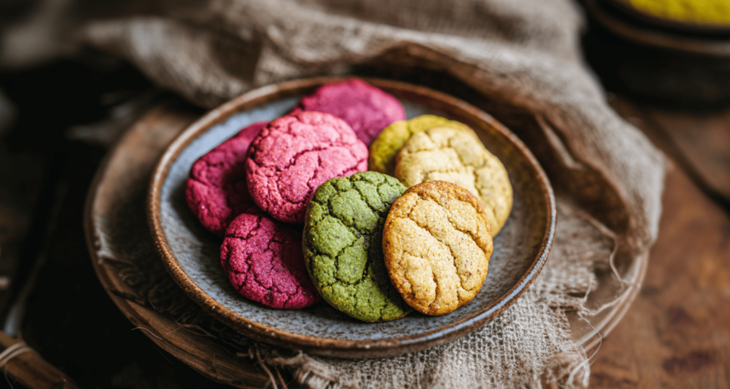 Freshly baked colorful cookies with matcha, beetroot, and turmeric, showcasing vibrant hues of green, pink, and yellow, placed on a rustic wooden plate.