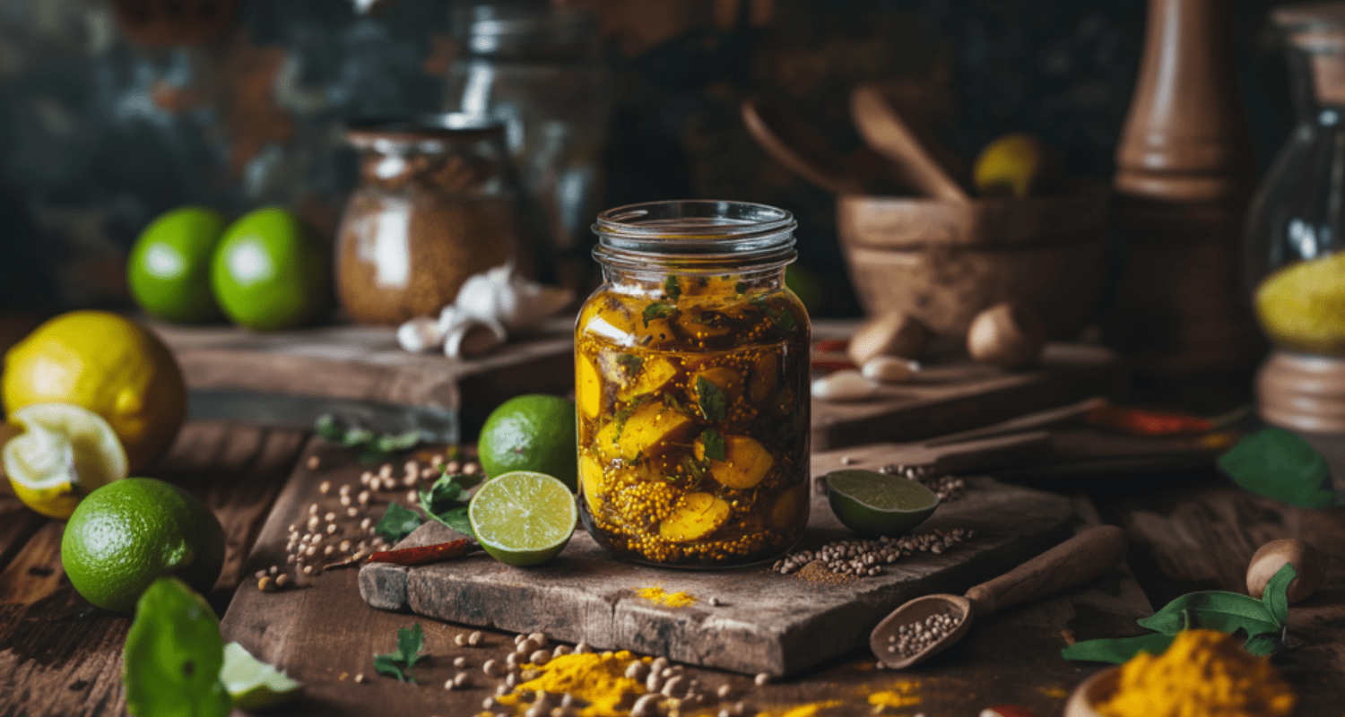 Indian lime pickle with no oil in a glass jar, surrounded by fresh limes, mustard seeds, cumin, turmeric, and chili powder.