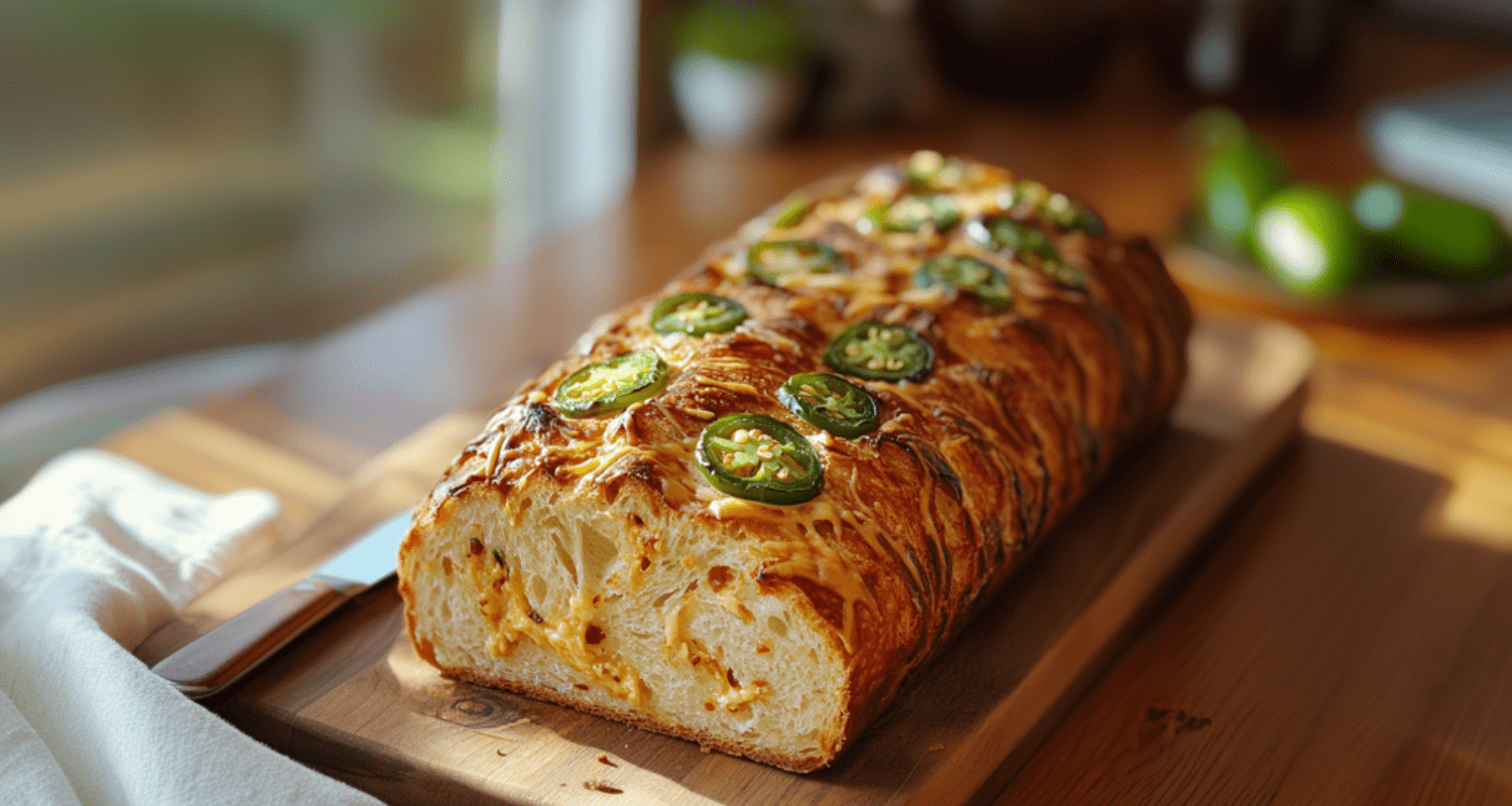 Close-up of a rustic vegan jalapeno cheese artisan bread loaf with visible jalapenos and vegan cheese, placed on a wooden cutting board.