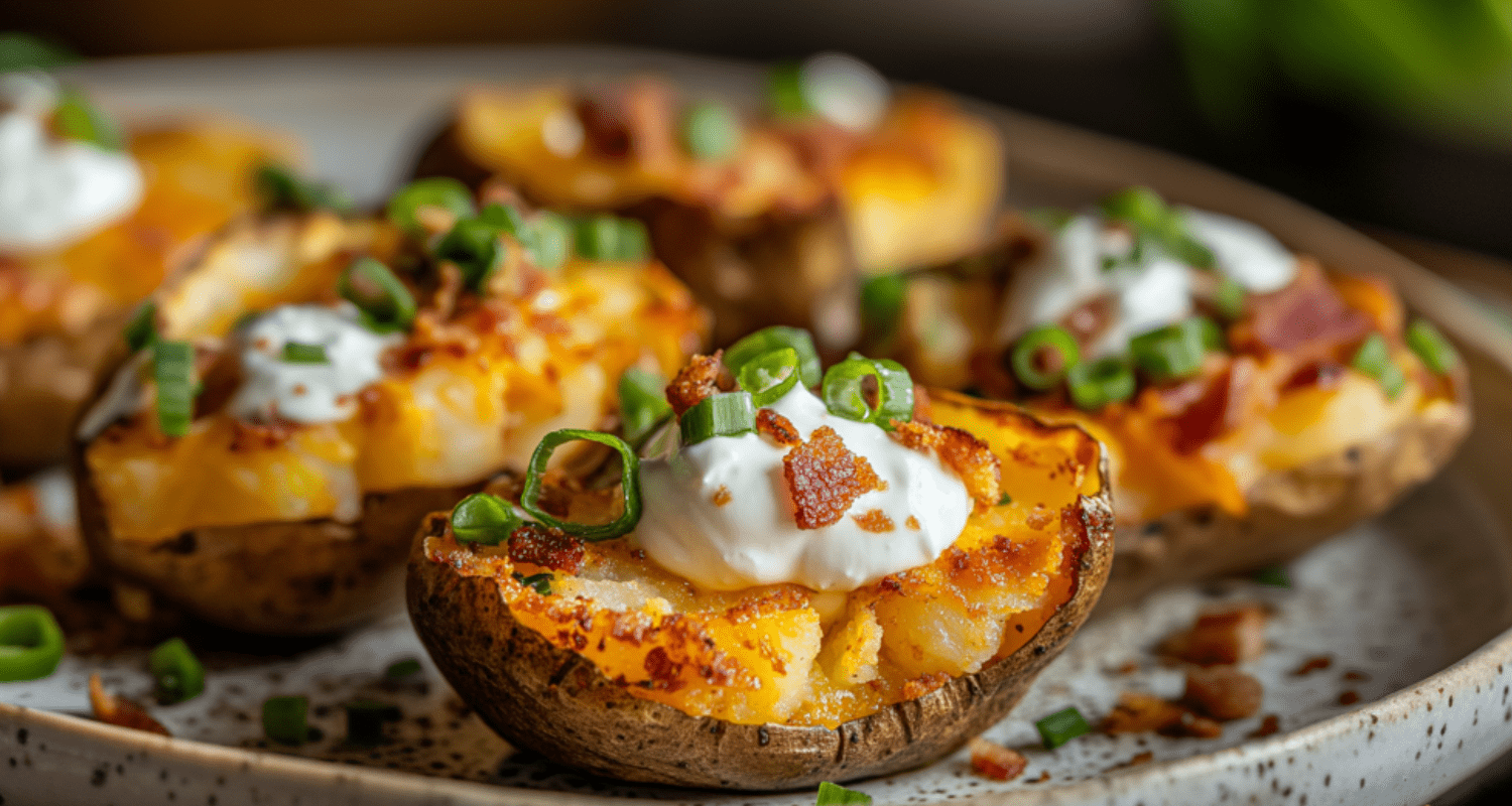 Golden, crispy cottage cheese air fryer baked potato skins topped with green onions, bacon bits, and sour cream.