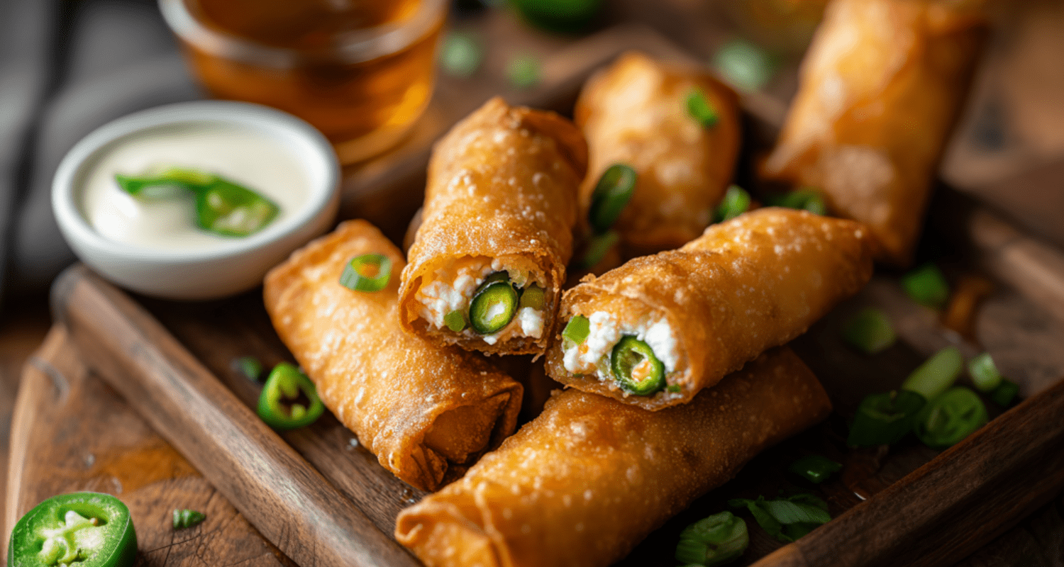 Golden brown egg roll wrapper goat cheese jalapeño bites, with one sliced open to reveal creamy goat cheese and jalapeño filling. Drizzled with honey and served with a dipping sauce.