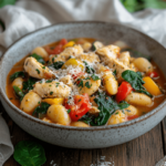 A bowl of diabetic-friendly crockpot gnocchi and chicken, featuring tender chicken, whole wheat or cauliflower gnocchi, spinach, bell peppers, zucchini, and cherry tomatoes in a savory broth, garnished with Parmesan cheese and herbs.