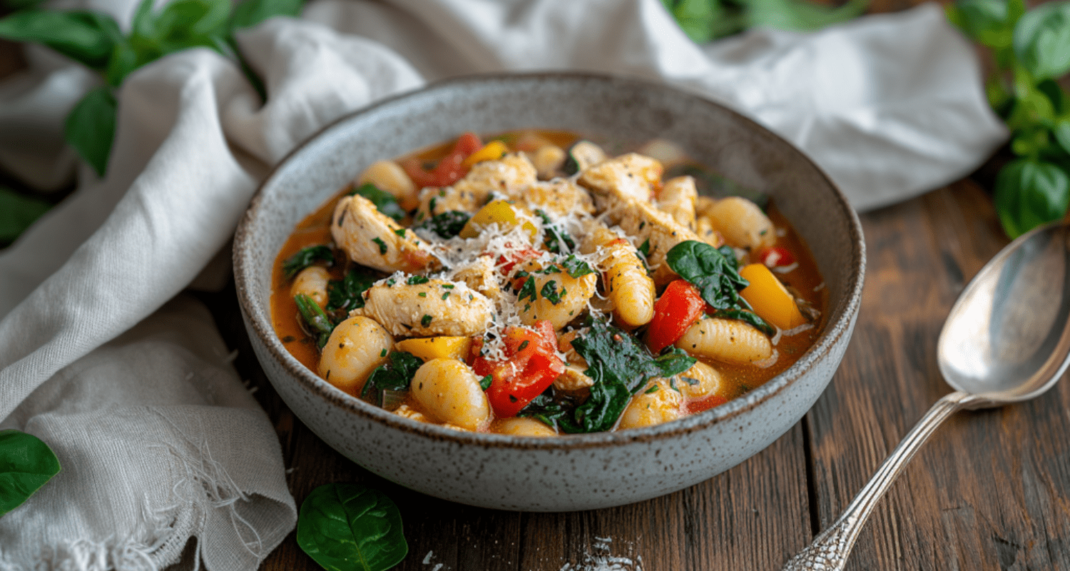 A bowl of diabetic-friendly crockpot gnocchi and chicken, featuring tender chicken, whole wheat or cauliflower gnocchi, spinach, bell peppers, zucchini, and cherry tomatoes in a savory broth, garnished with Parmesan cheese and herbs.