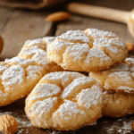 Soft almond Ricciarelli cookies with a cracked surface, dusted with powdered sugar and topped with honey drizzle, arranged on a rustic wooden table with almonds scattered around.