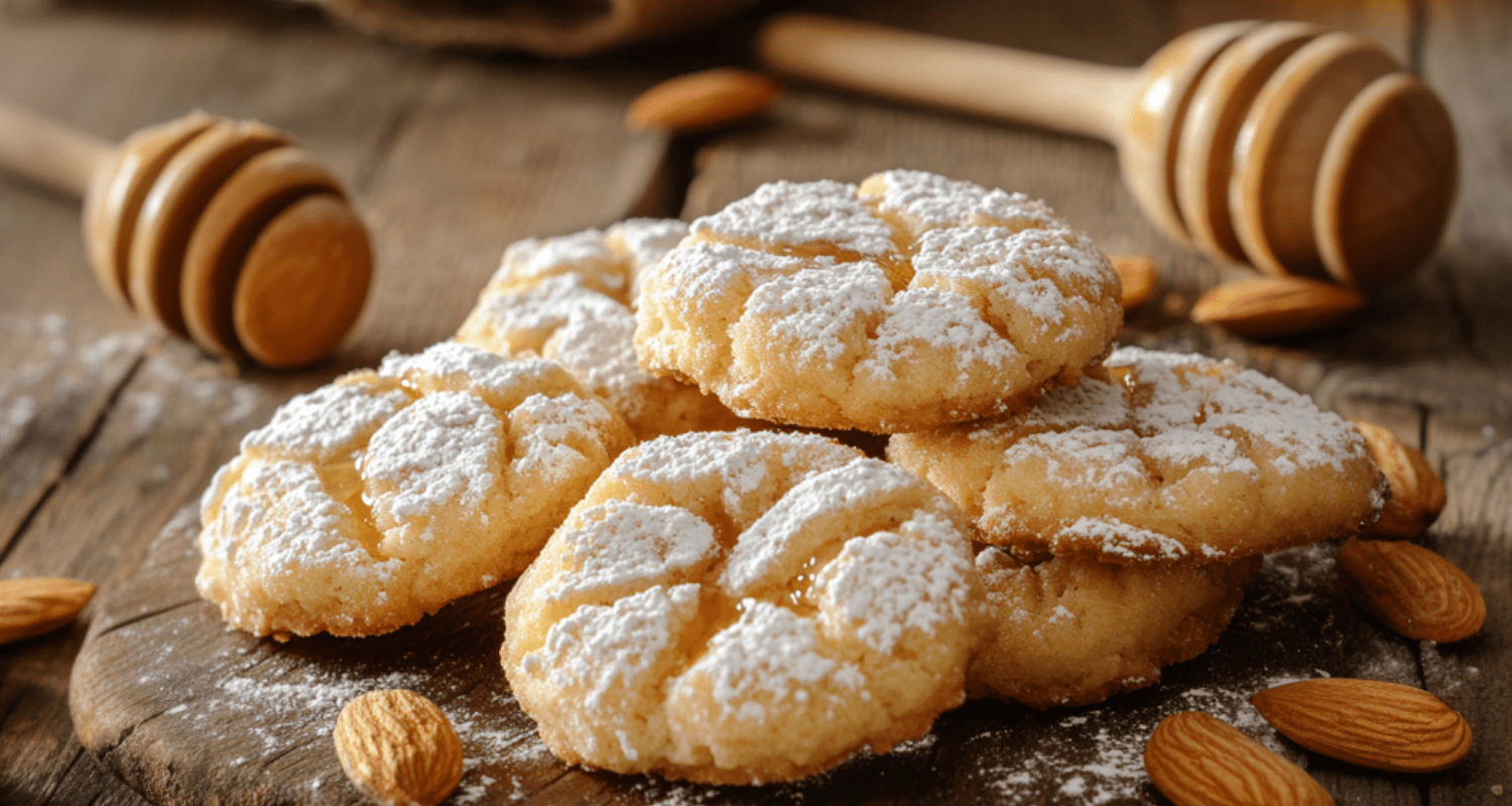 Soft almond Ricciarelli cookies with a cracked surface, dusted with powdered sugar and topped with honey drizzle, arranged on a rustic wooden table with almonds scattered around.