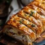 Golden-brown chicken and cheese jalousie with a flaky puff pastry crust, cut open to reveal melted cheese and savory chicken filling, garnished with fresh herbs.