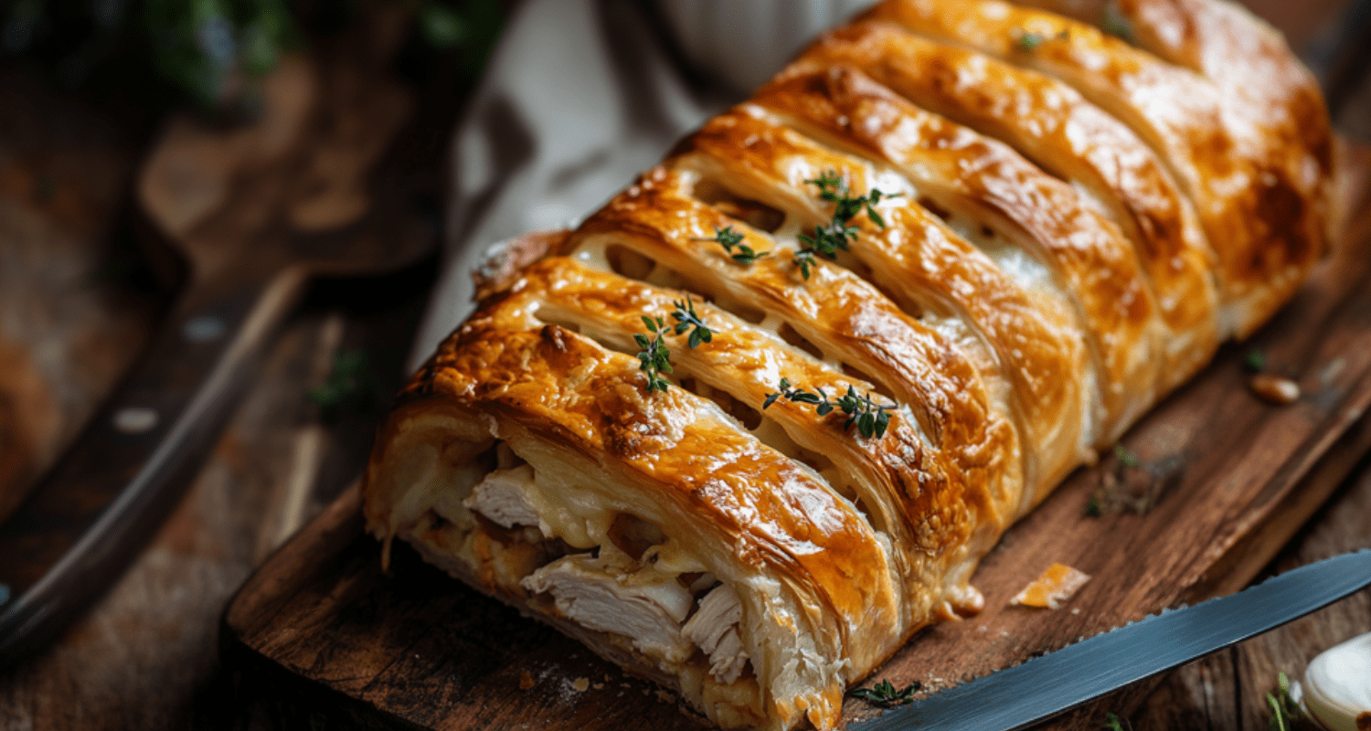 Golden-brown chicken and cheese jalousie with a flaky puff pastry crust, cut open to reveal melted cheese and savory chicken filling, garnished with fresh herbs.